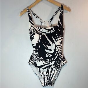 L.L.Bean black & white tropical one piece swimsuit UV blocking  size 10 NWT